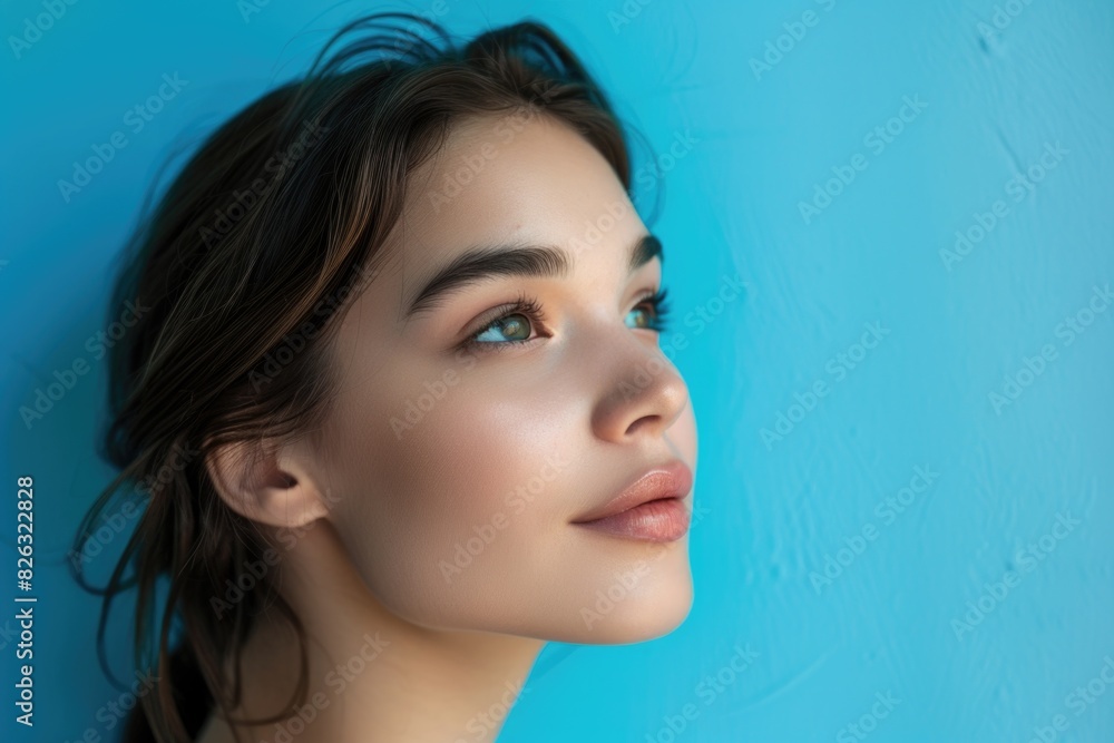 A beautiful young woman posing against a blue backdrop. Ideal for fashion or beauty concepts A beautiful young woman posing against a blue backdrop. Ideal for fashion or beauty concepts