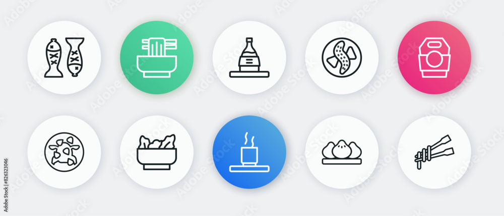 Set line Cup of tea, Asian noodles in paper box, Kung Pao chicken, Dumpling, Served cucumber on plate, Bottle sake, Food chopsticks with and Wonton icon. Vector