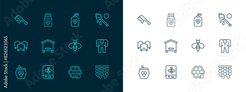 Set line Honey dipper stick, Book about bee, Bee, Honeycomb, Hive for bees, Cosmetic tube with honey, Beekeeping brush and Jar of icon. Vector