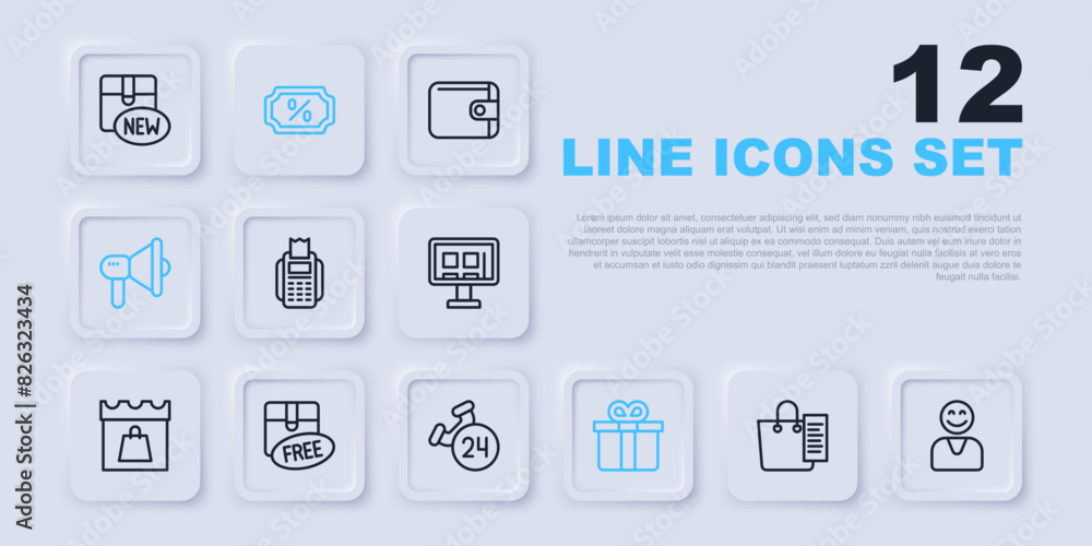 Set line Shopping list, Happy customer, POS terminal, Gift box, Megaphone, Cardboard with free symbol, Discount percent tag and Telephone 24 hours support icon. Vector Set line Shopping list, Happy customer, POS terminal, Gift box, Megaphone, Cardboard with free symbol, Discount percent tag and Telephone 24 hours support icon. Vector