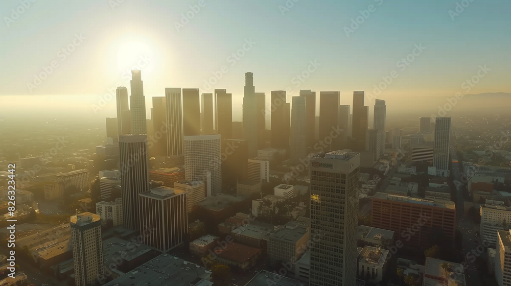 Downtown Los Angeles Skyscrapers on Sunny Day: Aerial View