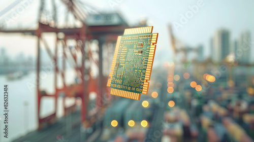 Importing and exporting microchips, increasing prices and demand for microchips, microchip hovering at the center with a blurry shipping port in the background photo