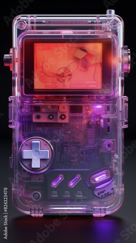A transparent retro handheld gaming device with visible internal components and illuminated by vibrant purple and red lights evoking nostalgia and modern tech