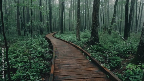   A path through the woods  surrounded by lush greenery