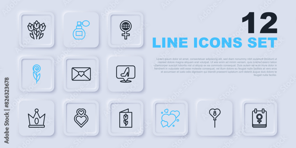 Set line Balloons with 8 March, Calendar, Envelope, Heart, Flower, Perfume and Greeting card icon. Vector Set line Balloons with 8 March, Calendar, Envelope, Heart, Flower, Perfume and Greeting card icon. Vector