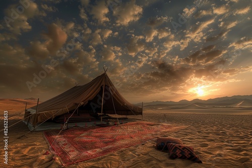 A tent set up in the desert at sunset. Perfect for outdoor adventure and travel concepts