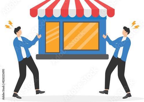 Competitive for business shop concept, compete for customers, scramble for market share, two businessmen fighting for a shop

