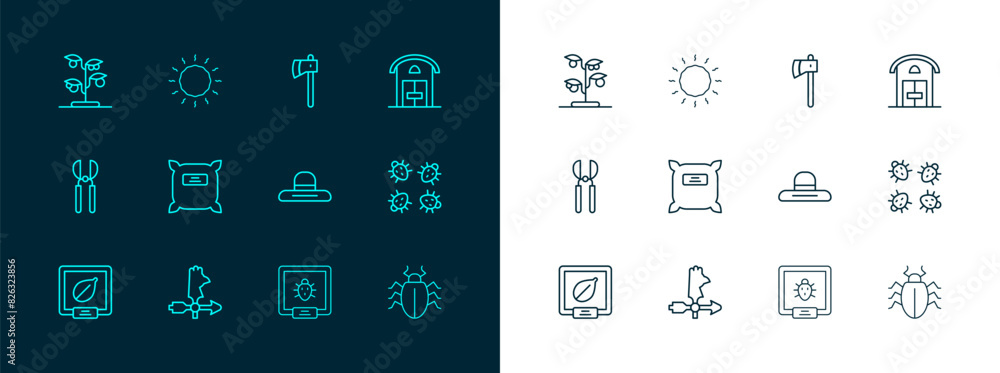 Set line Farm house, Rooster weather vane, Farmer worker hat, Colorado beetle, Pack full of seeds, Wooden axe, Sprout and Sun icon. Vector
