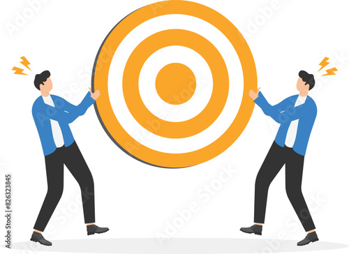 Competitive for business target concept, compete for customers, scramble for market share, two businessmen fighting for a dartboard target

