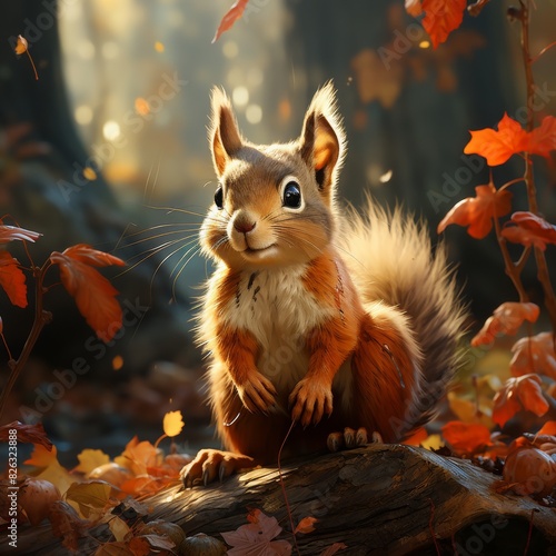 A cute squirrel standing on a log in an autumn forest surrounded by fallen leaves and soft sunlight