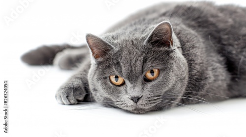 A peaceful gray cat resting on a clean white surface. Suitable for pet care and relaxation concepts