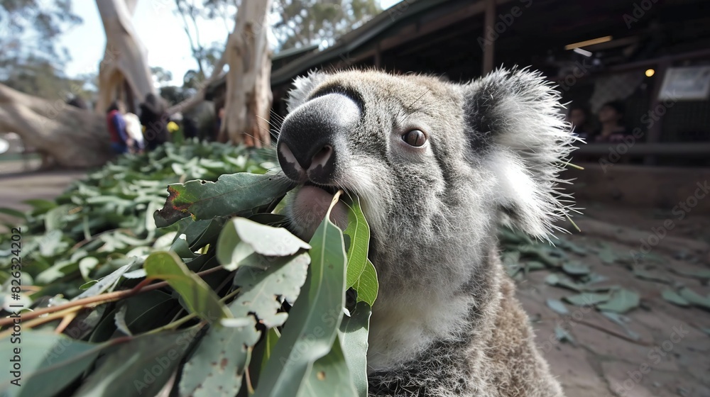 Fototapeta premium A close-up image of a koala grasping a leafy branch in front of a building with individuals in the background