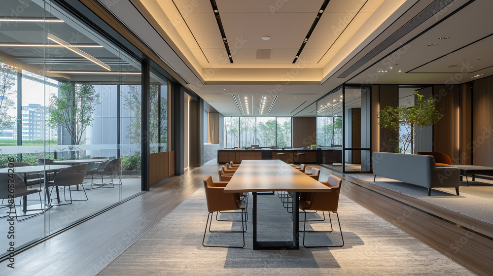 Naklejka premium Modern office meeting room with large windows and copy space