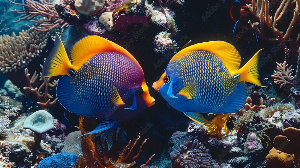 Two colorful fish are swimming in the sea, surrounded by corals and other marine life.
Two colorful fish are swimming in the sea, surrounded by corals and other marine life.