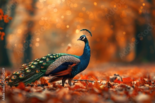 A majestic peacock standing in a pile of leaves. Suitable for nature and wildlife themes