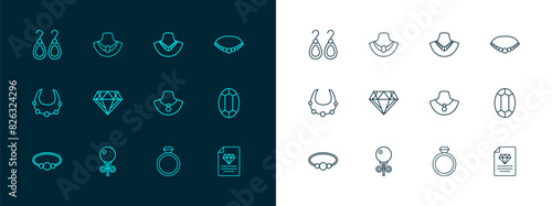 Set line Pearl necklace, Stud earrings, Necklace on mannequin, Diamond engagement, Earrings and icon. Vector