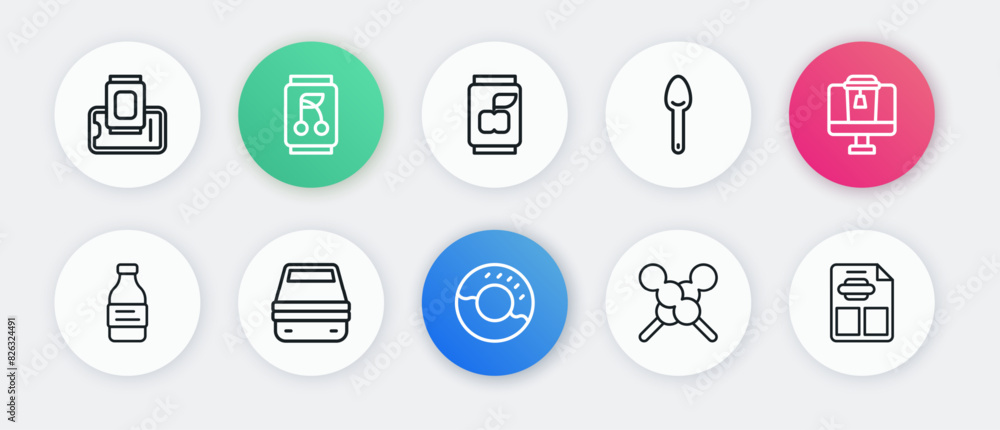 Set line Donut, Online ordering food, Bottle of water, Meatballs wooden stick, Spoon, Soda can, Restaurant cafe menu and Lunch box icon. Vector