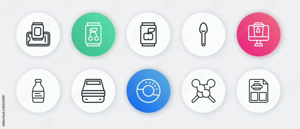 Set line Donut, Online ordering food, Bottle of water, Meatballs wooden stick, Spoon, Soda can, Restaurant cafe menu and Lunch box icon. Vector Set line Donut, Online ordering food, Bottle of water, Meatballs wooden stick, Spoon, Soda can, Restaurant cafe menu and Lunch box icon. Vector