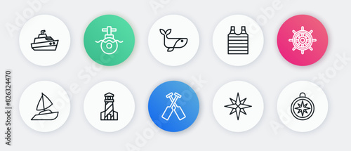 Set line Crossed oars or paddles boat, Ship steering wheel, Yacht sailboat, Wind rose, Striped sailor t-shirt, Whale, Compass and Lighthouse icon. Vector
