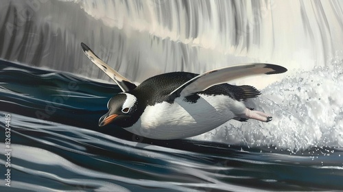   A painting of a bird flying over a body of water with a waterfall in the distance and another waterfall in the foreground