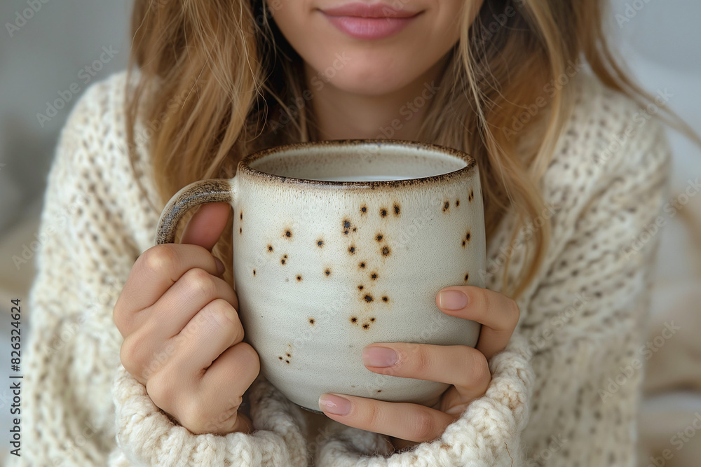 A woman is holding a mug of coffee in her hands while wearing a white sweater A woman is holding a mug of coffee in her hands while wearing a white sweater