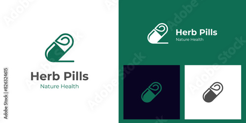 Herbal capsule pill with leaf logo design, traditional medicine drug logo icon design
