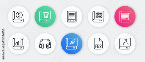 Set line Book about weapon, Decree, parchment, scroll, Financial book, FB2 File, Books programming, E-Book reader, Chemistry and Headphones icon. Vector