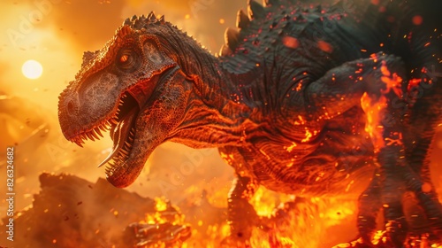 A close up of a dinosaur on fire. Suitable for science fiction or disaster-themed projects