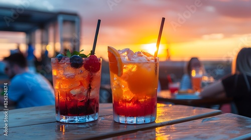 Two colourful cocktails with fruit and ice cubes in fancy glasses on an outdoor table at sunset. There is a small black straw sticking out of each cocktail.
 photo