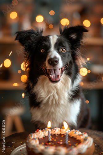 A dog is standing in front of a cake with candles on it