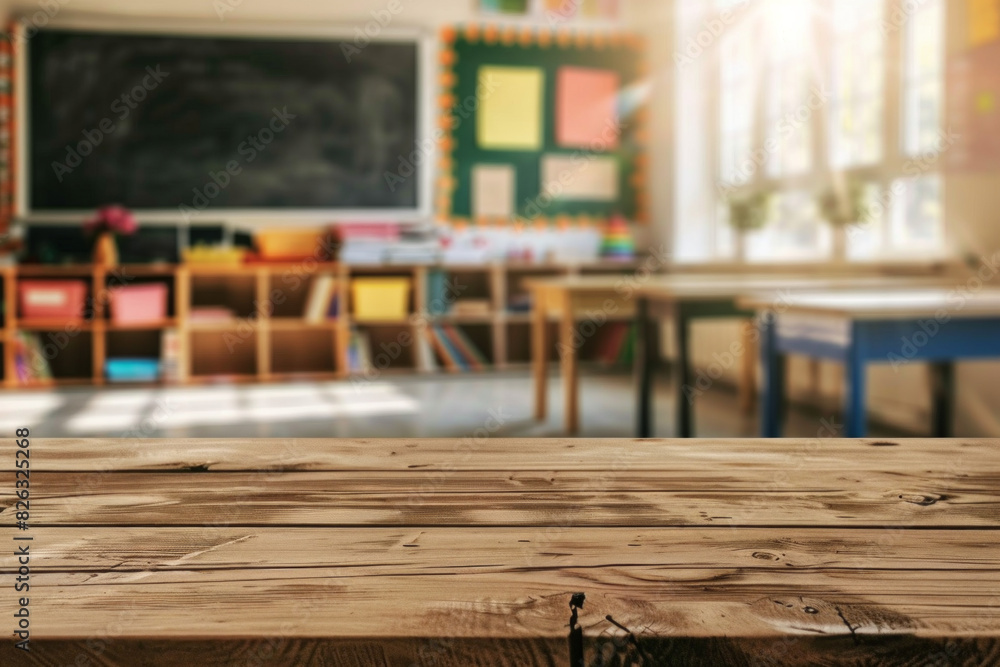 A wooden desk in the foreground with a blurred background of a classroom. The background features student desks, a chalkboard or whiteboard, educational posters on the walls, and shelves. A wooden desk in the foreground with a blurred background of a classroom. The background features student desks, a chalkboard or whiteboard, educational posters on the walls, and shelves.
