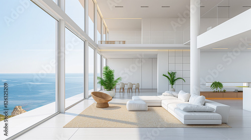 White minimalist interior overlooking the ocean