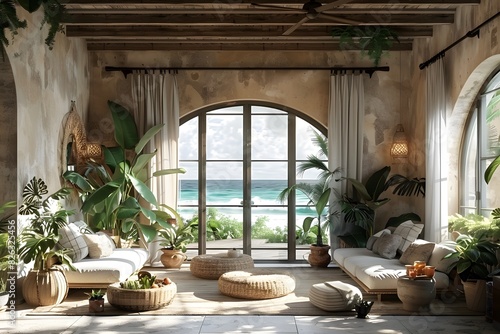 Beachfront Living Room with Tropical Plants and Ocean View - Home Decor Inspiration for Relaxing Summer Retreats