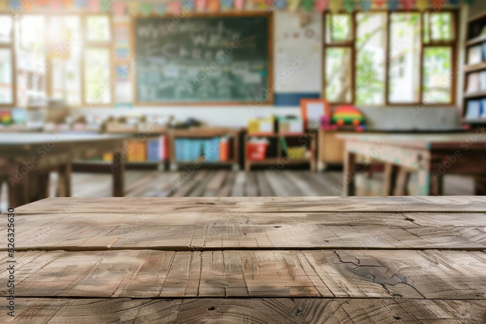 A wooden desk in the foreground with a blurred background of a classroom. The background features student desks, a chalkboard or whiteboard, educational posters on the walls, and shelves. A wooden desk in the foreground with a blurred background of a classroom. The background features student desks, a chalkboard or whiteboard, educational posters on the walls, and shelves.