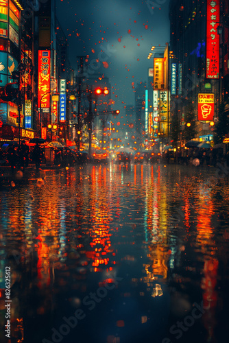 A city street with a lot of neon signs and rain