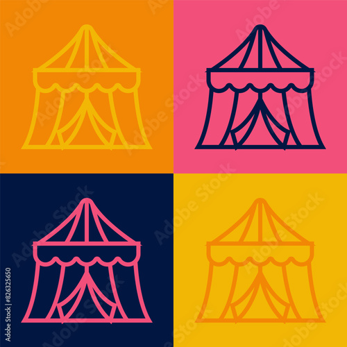 Pop art line Circus tent icon isolated on color background. Carnival camping tent. Amusement park. Vector