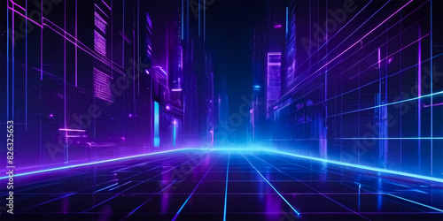 Futuristic background and digital grid pattern with neon blue and purple on a dark background