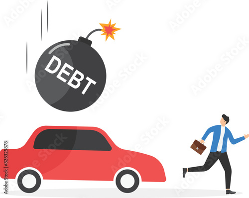 Debt, cost of living or expense to pay for, financial obligation for lifestyle concept, exhausted businessman pull the burden cart with house mortgage, car payment, education loan and credit card debt