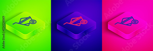 Isometric line Wheelbarrow icon isolated on green, blue and pink background. Tool equipment. Agriculture cart wheel farm. Square button. Vector