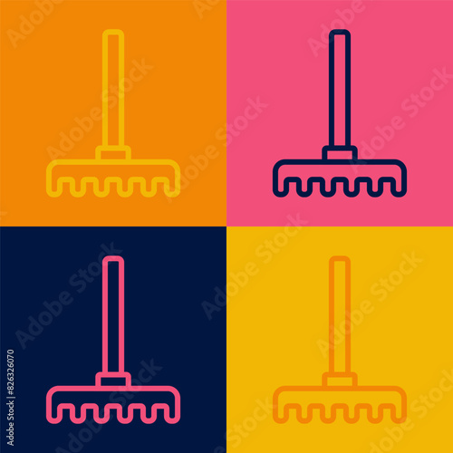 Pop art line Garden rake icon isolated on color background. Tool for horticulture, agriculture, farming. Ground cultivator. Housekeeping equipment. Vector