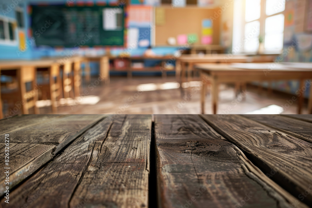 A wooden desk in the foreground with a blurred background of a classroom. The background features student desks, a chalkboard or whiteboard, educational posters on the walls, and shelves. A wooden desk in the foreground with a blurred background of a classroom. The background features student desks, a chalkboard or whiteboard, educational posters on the walls, and shelves.