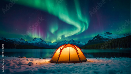 A glowing tent by a calm tranquil lake with the beautiful northern lights dancing in the sky