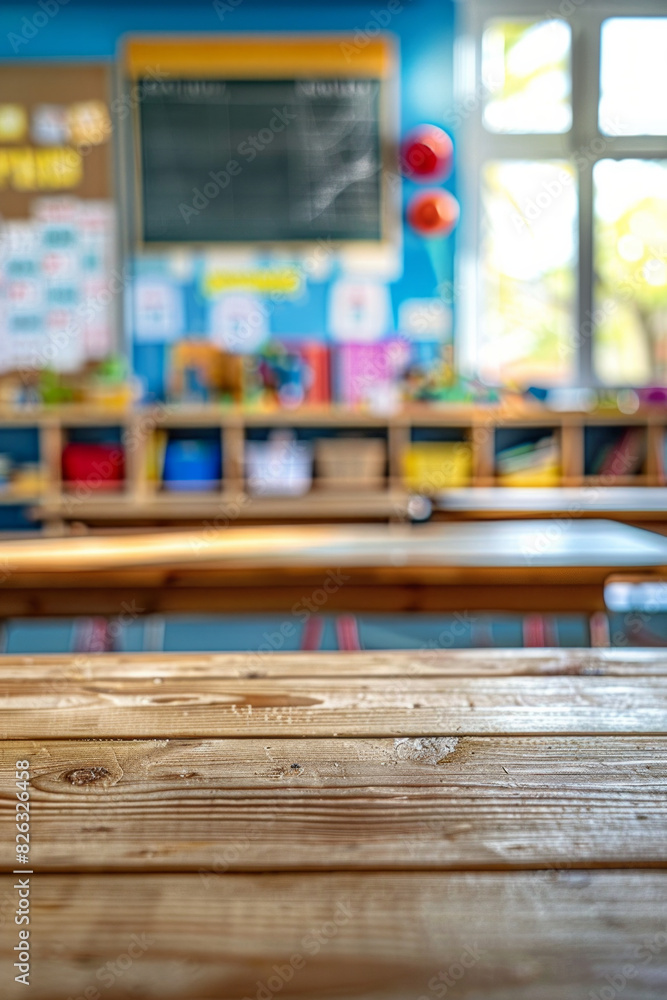 A wooden desk in the foreground with a blurred background of a classroom. The background features student desks, a chalkboard or whiteboard, educational posters on the walls, and shelves. A wooden desk in the foreground with a blurred background of a classroom. The background features student desks, a chalkboard or whiteboard, educational posters on the walls, and shelves.