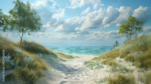 A serene beach scene with a sandy path leading to the calm, turquoise waters of a lake