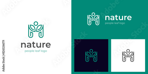 people health life logo icon design, letter m with leaf and people line graphic concept for beauty nature logo, health care vector logo template