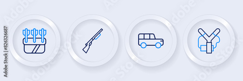Set line Slingshot, Safari car, Hunting gun and Quiver with arrows icon. Vector