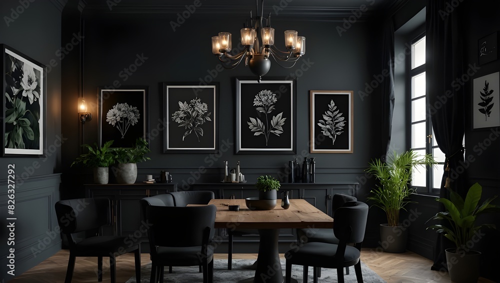 Real photo of a gray and black dining room interior with posters on a dark wall with molding, lamps above wooden table and plants on metal racks