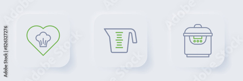 Set line Slow cooker, Measuring cup and Chef hat icon. Vector