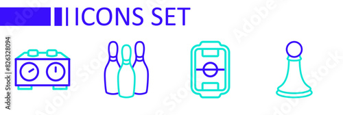Set line Chess pawn, Table football, Bowling pin and Time chess clock icon. Vector
