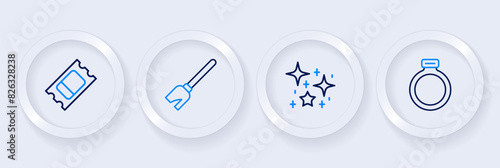 Set line Magic stone ring, Magical glitter particles, Witches broom and Circus ticket icon. Vector